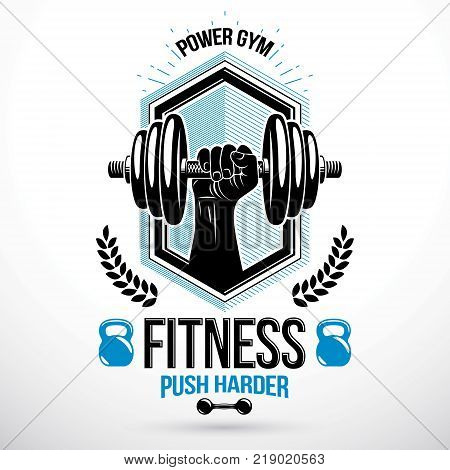 Graphic vector insignia created with strong sportsman biceps arm holding disc weight dumb bell and with kettle bell sport equipment. Gym weightlifting and fitness sport club emblem