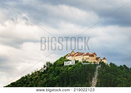 Scenic view of the Rasnov Fortress on top of the mountain Rasnov city, Brasov county, Romania