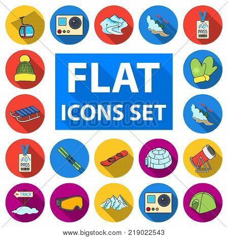 Ski resort and equipment flat icons in set collection for design. Entertainment and recreation vector symbol stock  illustration.