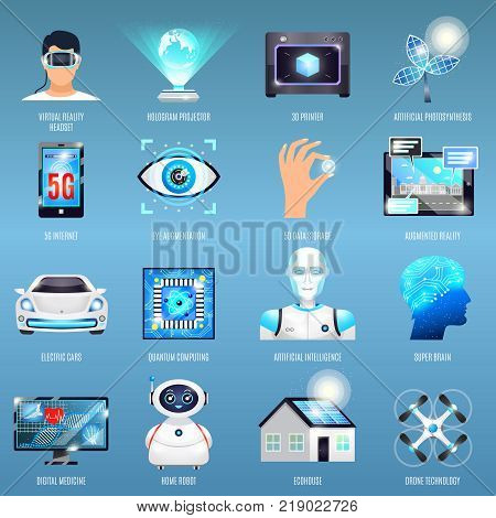 Future technologies icons with eco house, quantum computing, robots, 5g internet on blue background isolated vector illustration