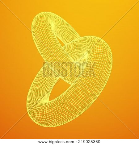 Wireframe polygonal element. 3D Torus chain with lines and dots abstract vector background