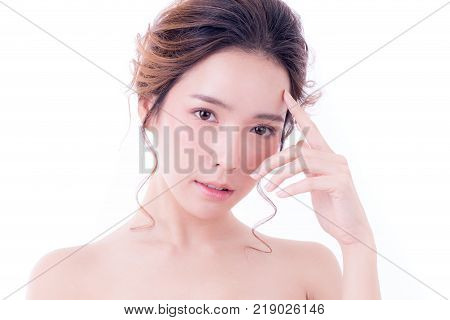 Beautiful Asian Woman Portrait. Beautiful Woman Looking To Camera. Korean Woman Touching Her Face. P
