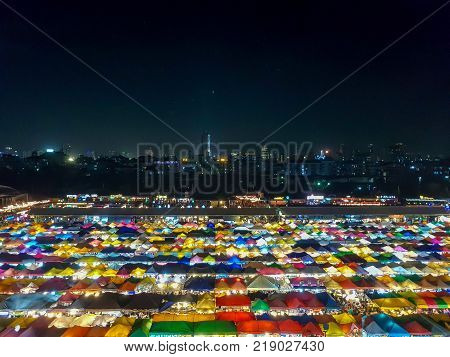 Panorama Landscape View Colorful Of Plastic Roof Of Tent At Ratchada Train Night Market With Dark Sk