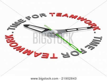 Tempo per orologio teamwork che indica il tempo per la cooperazione tra partner commerciali o una squadra di colle