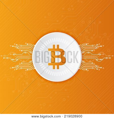 Abstract Bitcoin Crypto Currency Blockchain Technology On Global World Map. Vector Illustration.