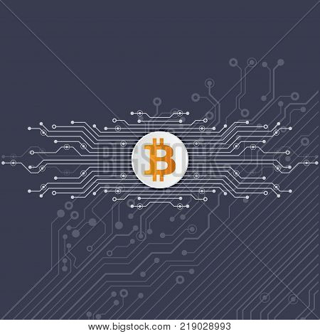 Abstract Bitcoin Crypto Currency Blockchain Technology On Global World Map. Vector Illustration.