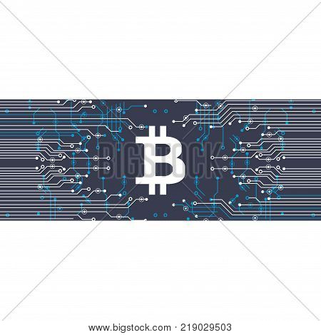 Abstract Bitcoin Crypto Currency Blockchain Technology On Global World Map. Vector Illustration.