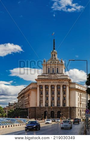 Sofia, Bulgaria - September 12, 2017: National Assembly former Communist Party House Council of Ministers and the Presidency buildings on Independence square in Sofia, Bulgaria