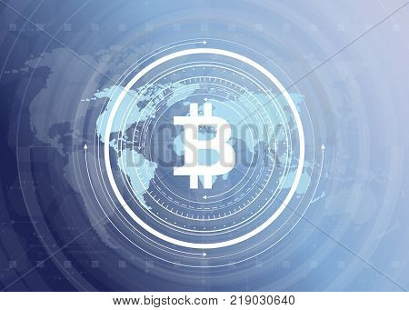 Abstract Bitcoin Crypto Currency Blockchain Technology On Global World Map. Vector Illustration.