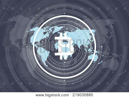 Abstract Bitcoin Crypto Currency Blockchain Technology On Global World Map. Vector Illustration.
