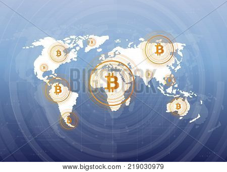 Abstract Bitcoin Crypto Currency Blockchain Technology On Global World Map. Vector Illustration.