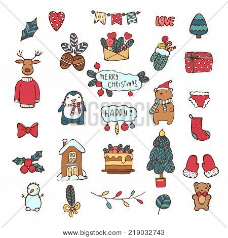 Merry Christmas, Happy New Year cute hand drawn elements. Collection of Holiday items. Trendy minimal design. Ideal for greeting cards, posters, stickers, invitations, gift tags. Vector.