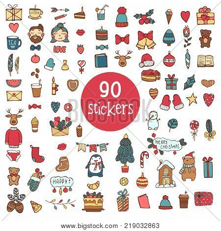 Merry Christmas, Happy New Year cute hand drawn elements. Collection of Holiday items. Trendy minimal design. Ideal for greeting cards, posters, stickers, invitations, gift tags. Vector.