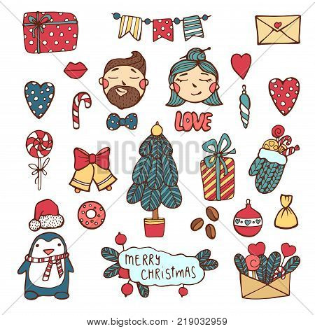 Merry Christmas, Happy New Year cute hand drawn elements. Collection of Holiday items. Trendy minimal design. Ideal for greeting cards, posters, stickers, invitations, gift tags. Vector.