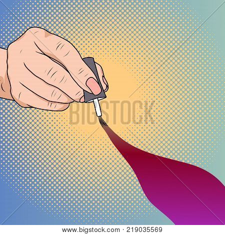 Hands of a woman with dark red manicure and nail polish bottle. Homemade beauty salon. Cost savings. Caring for fingernails pop art retro style.