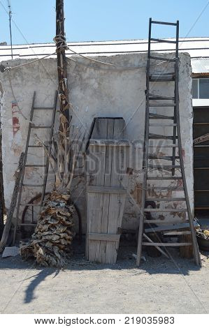 Stairs Wheel And Coffer At Oatman June 22 2017. Route 66 Oatman. Arizona USA EEUU.
