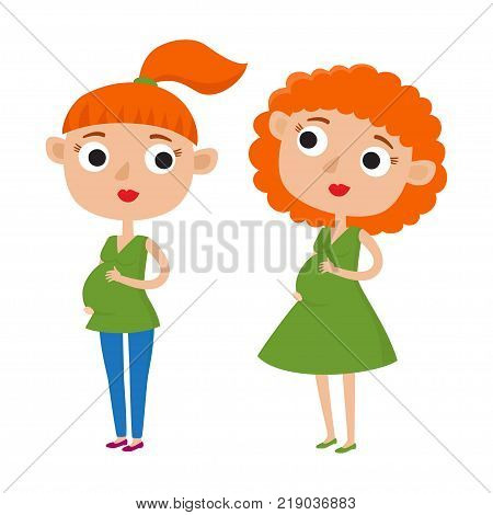 Vector illustration of color cute cartoon pregnant woman in casual clothes in various poses isolated on white. Redhaired woman in green dress. Woman with pony tail in jeans and green blouse. Elegant ladies.