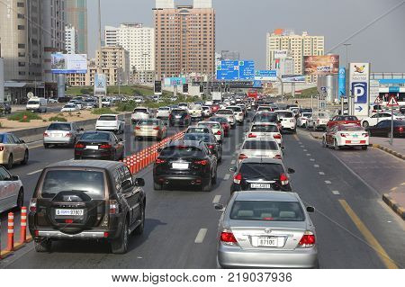 Sharjah Uae - December 10 2017: People Drive Along Al Wahda Street In Sharjah Uae. Al Wahda Street I