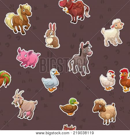 Seamless pattern with funny cartoon farm animals and their footprints on grey background. Cute childish vector texture.