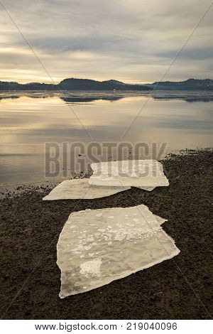 Three ice floes on dark sand on Norwegian fjord beach. Calm sea, mist and fog. Hamresanden, Kristiansand, Norway. Vertical image