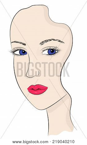 Portrait of a young girl close-up. Beautiful face of the girl. Portrait of a woman. Woman with large blue eyes. Plump lips. Sketch of a woman's face The face is half a turn. Vector EPS 10.