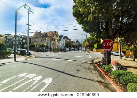 Pacific and Steiner street crossroad in San Francisco California