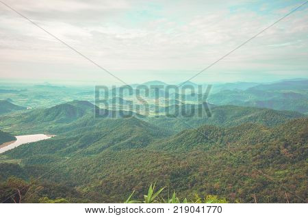 Beautiful green mountains and a pond in Dalat, Vietnam