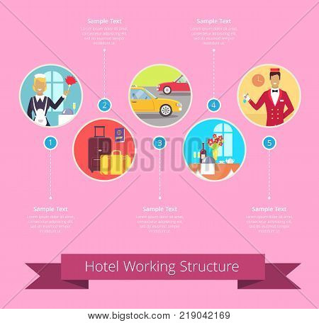 Hotel working structure diagram with departments represented by housekeeper, bellman, baggage or restaurant table. Vector illustration isolated on pink