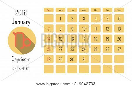 January calendar 2018 with horoscope signs zodiac symbols, flat colored template. Can be used for web, print, card, poster, banner, bookmark. Week starts on sunday.