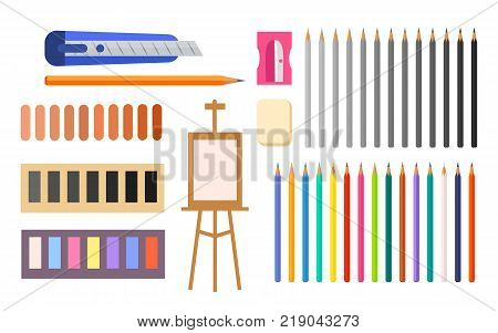 Art supplies vector illustration with icons of easel, colorful and colorlrss pencils, various paints and other tools and instruments for painting