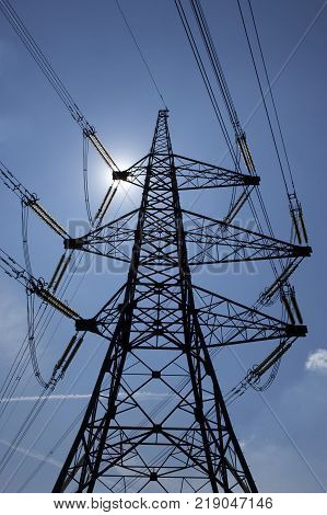 Electrcity Pylon In Silhouette Eggborough Power Station Yorkshire England