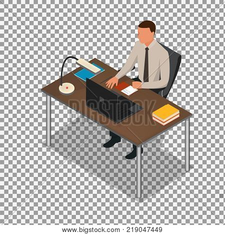 Isometric business people concept. man studding on transparent background. Isometric office: table, laptop, books, notebook. Isolated on white background. - stock vector