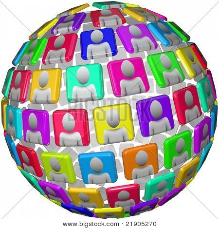viele Menschen in eine sphärische Muster, ihren Kopf und Schultern, abgebildet auf Fliesen in einem globalen Muster