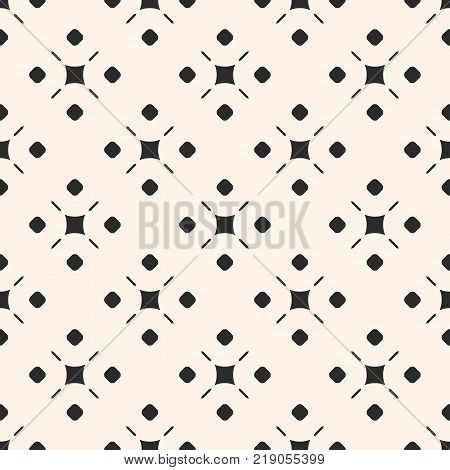 Vector monochrome ornamental geometric background texture. Simple seamless pattern with circles, squares, lines. Traditional motif in modern digital rendition. Design for decor, fabric, textile, cloth.