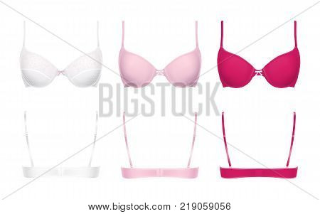 Realistic push-up bras vector illustration isolated on background, front and back view. Set of three models in different colors, white with lace, pink and magenta. Woman lingerie, templates for mockup
