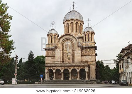 Hunedoara, Romania - September 27, 2017: Saints Constantine and Helena Cathedral is orthodox church with many ornaments on the facade built in Byzantine style, Hunedoara, Romania