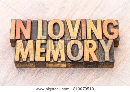 In loving memory word abstract in vintage letterpress wood type