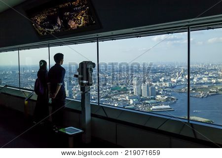  Yokohama - Japan, June 15, 2017;  Sky Garden on the Landmark tower on Minato mirai and view over Yokohama city