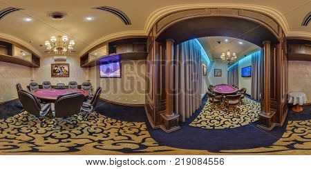 MINSK BELARUS - SEPTEMBER 21 2012: Panorama of interier hall luxury casino in vip room full 360 seamless panorama in equirectangular spherical projection skybox VR content