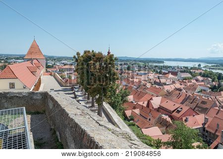 Ptuj / Slovenia - August 17, 2017: View of the old town, the river Drawa and the lake from the castle in Ptuj in the summer of 2017