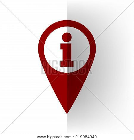 Map pointer with information sign. Vector. Bordo icon on white bending paper background.