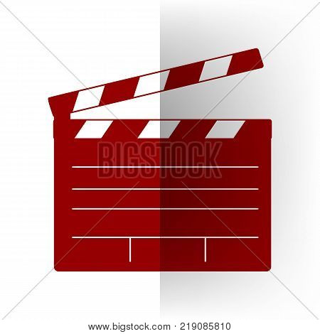 Film clap board cinema sign. Vector. Bordo icon on white bending paper background.