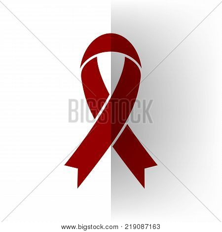 Black awareness ribbon sign. Vector. Bordo icon on white bending paper background.