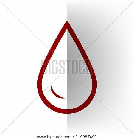Drop of water sign. Vector. Bordo icon on white bending paper background.