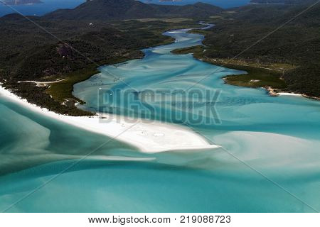 Aerial view of Hill Inlet in the Witsunday Islands, Queensland Australia showing the tip of Whitehaven Beach.