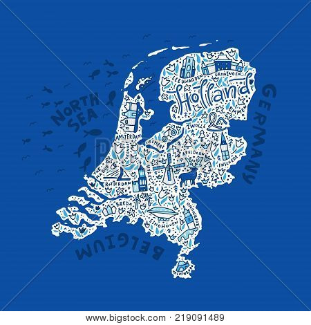 The Holland map with the different symbols and the lettering. Vector illustration.