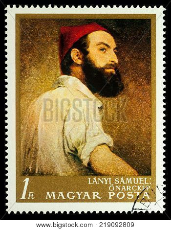 Moscow Russia - December 20 2017: A stamp printed in Hungary shows selfportrait by Samuel Lanyi (1791-1860) series 