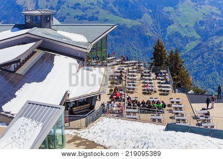 Mt. Stanserhorn, Switzerland - 7 May, 2016: the restaurant on the top of Mt. Stanserhorn. The Stanserhorn is a mountain located in the Swiss canton of Nidwalden.
