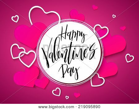 Vector illustration of valentine's day greetings card with hand lettering label - happy valentine's day - with a lot of heart shapes.