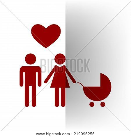 Family symbol with pram and heart. Husband and wife are kept each other's hands. Love. Vector. Bordo icon on white bending paper background.